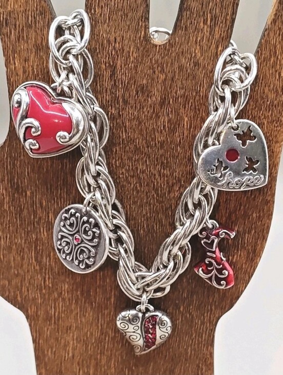 Brighton Jewelry - Brighton Charm Bracelet Go Red Enamel Heart Butterfly Silver Plated Rope Chain